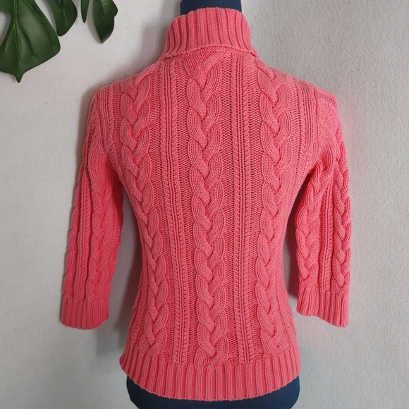 Lands' End Chunky Bright Pink Turtleneck Cable Knit Sweater - Picture 5 of 7